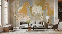 Living room with Equestrian Echoes Wall Mural and a calm horse mural backdrop