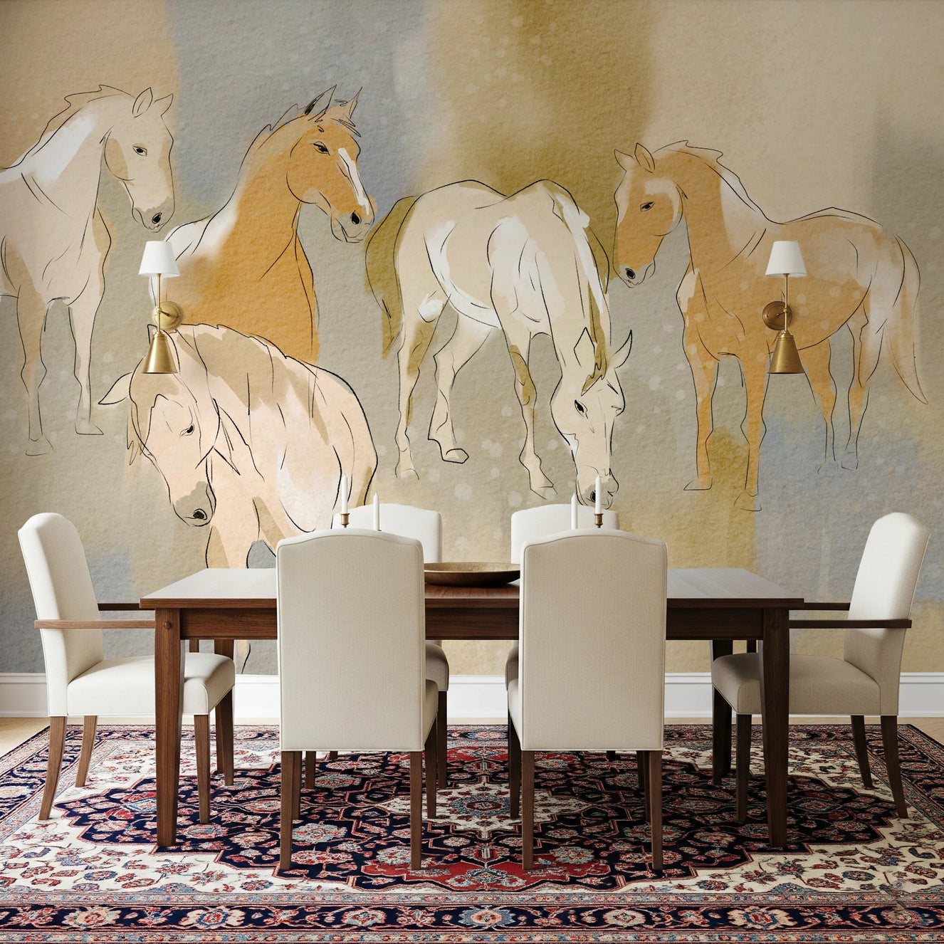 Dining room with Equestrian Echoes Wall Mural and warm golden horse forms
