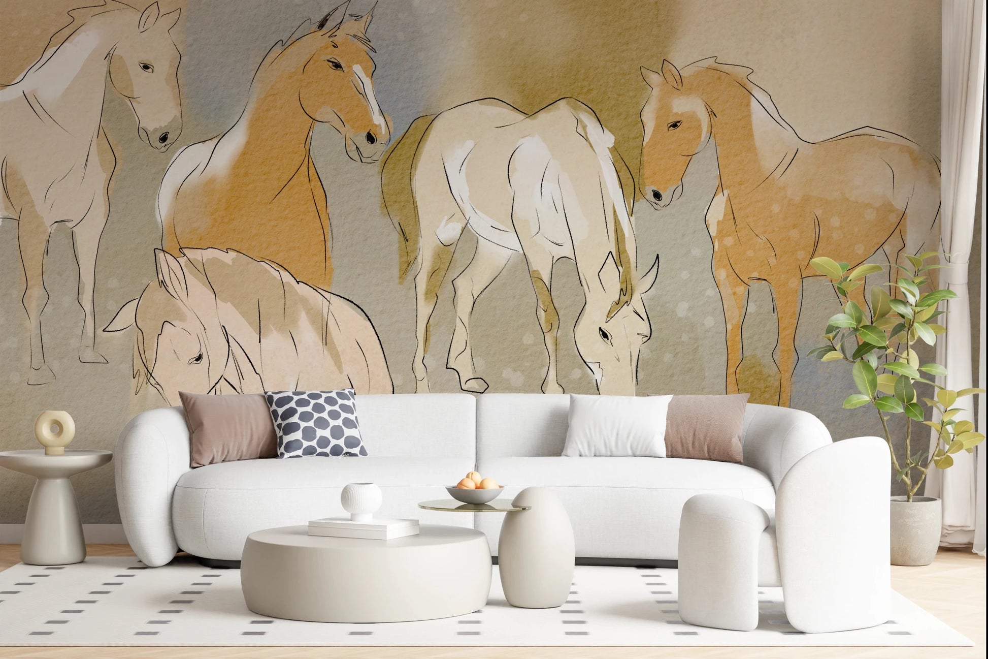 Lounge with Equestrian Echoes Wall Mural and a soft abstract horse scene