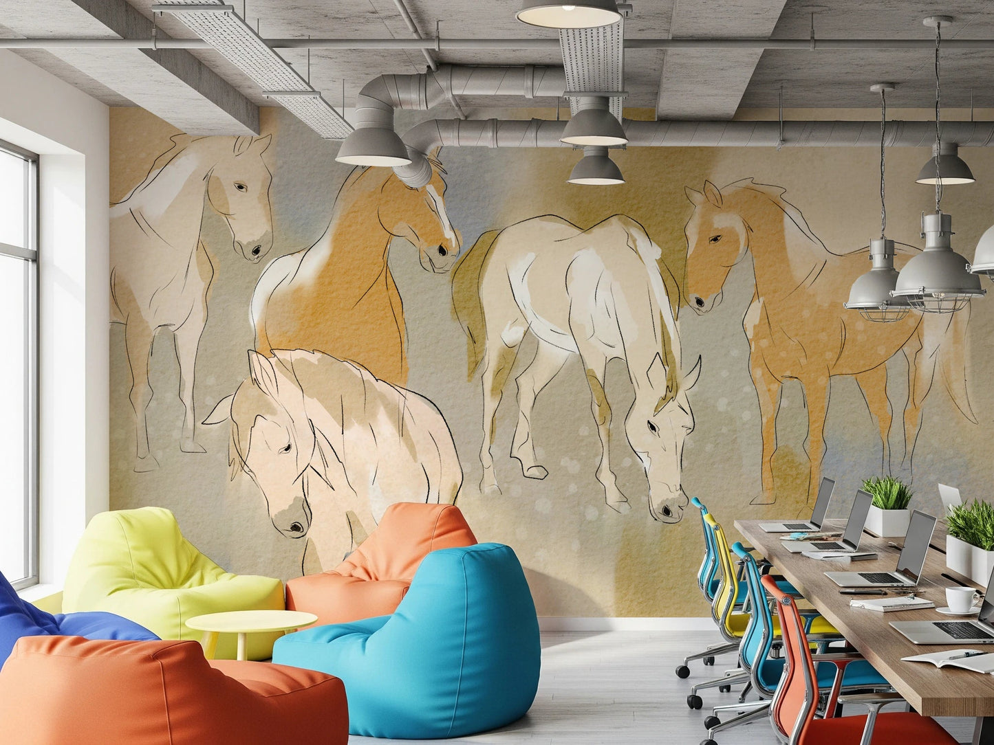 Office with Equestrian Echoes Wall Mural and expressive painted horses