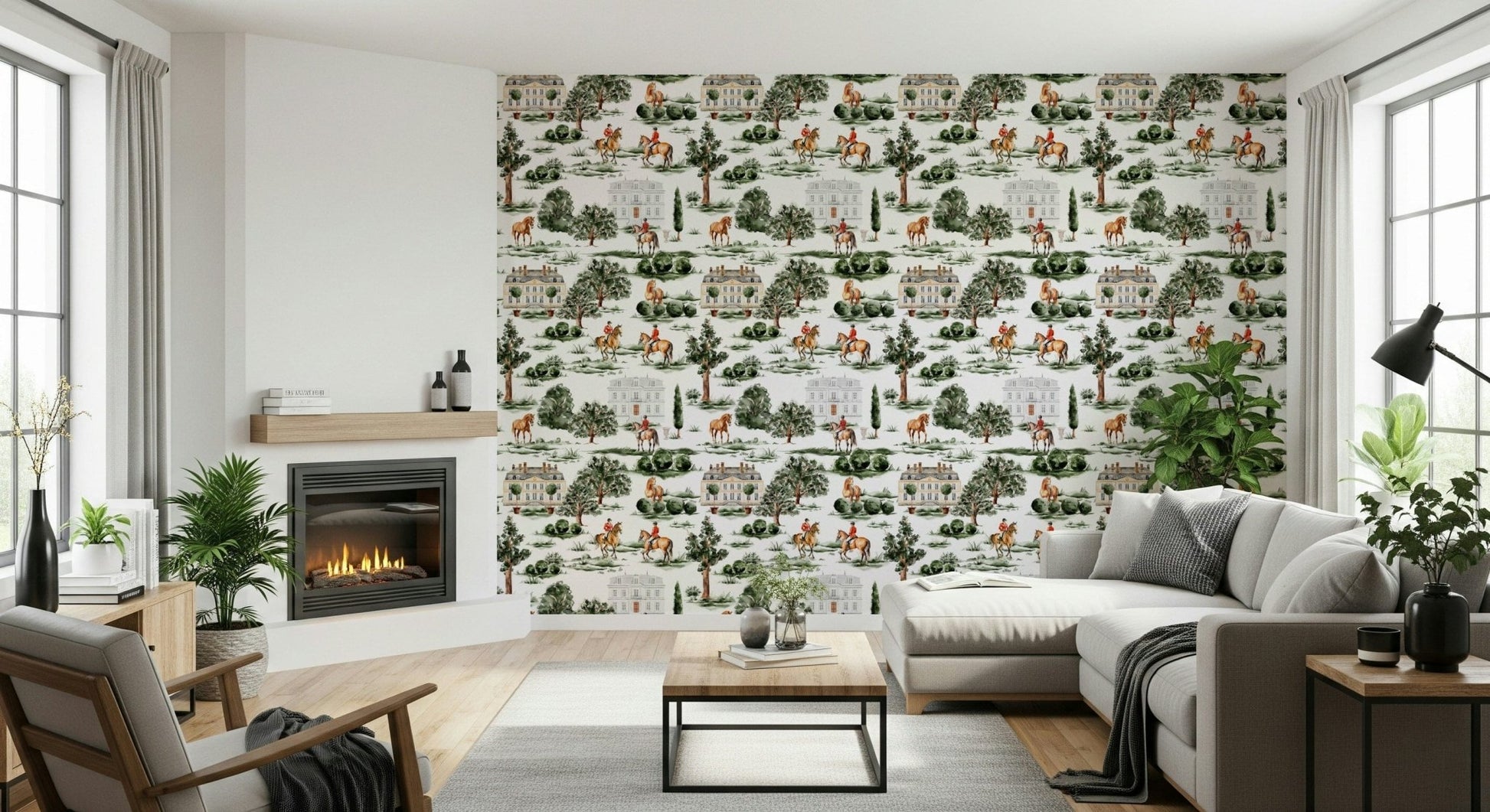 Equestrian Estate peel and stick wallpaper with watercolor trees.