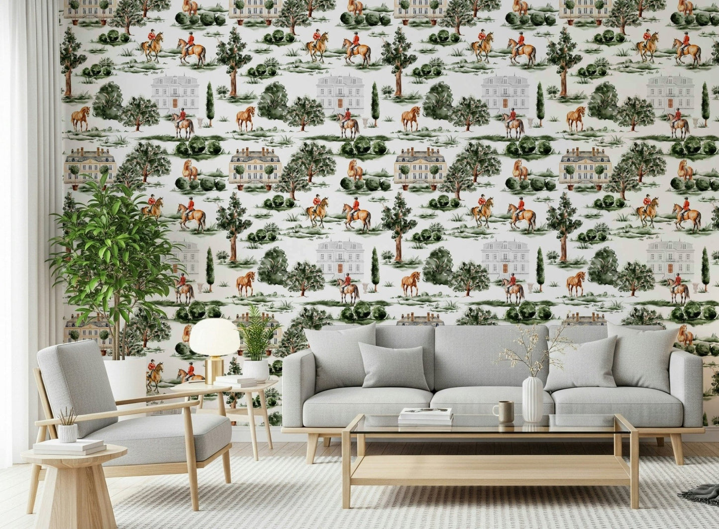 Stately manor houses on Equestrian Estate peel and stick wallpaper.
