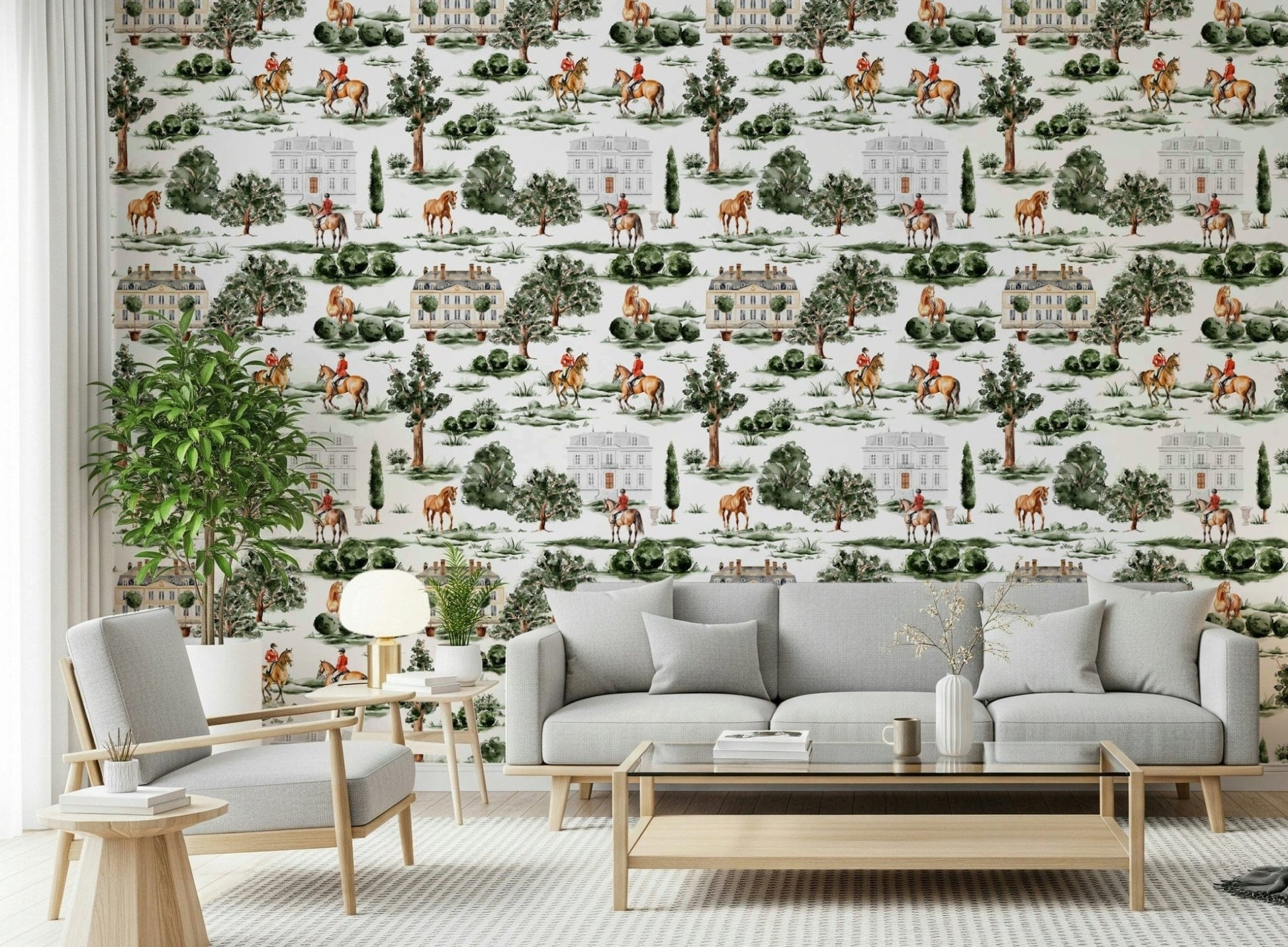 Stately manor houses on Equestrian Estate peel and stick wallpaper.