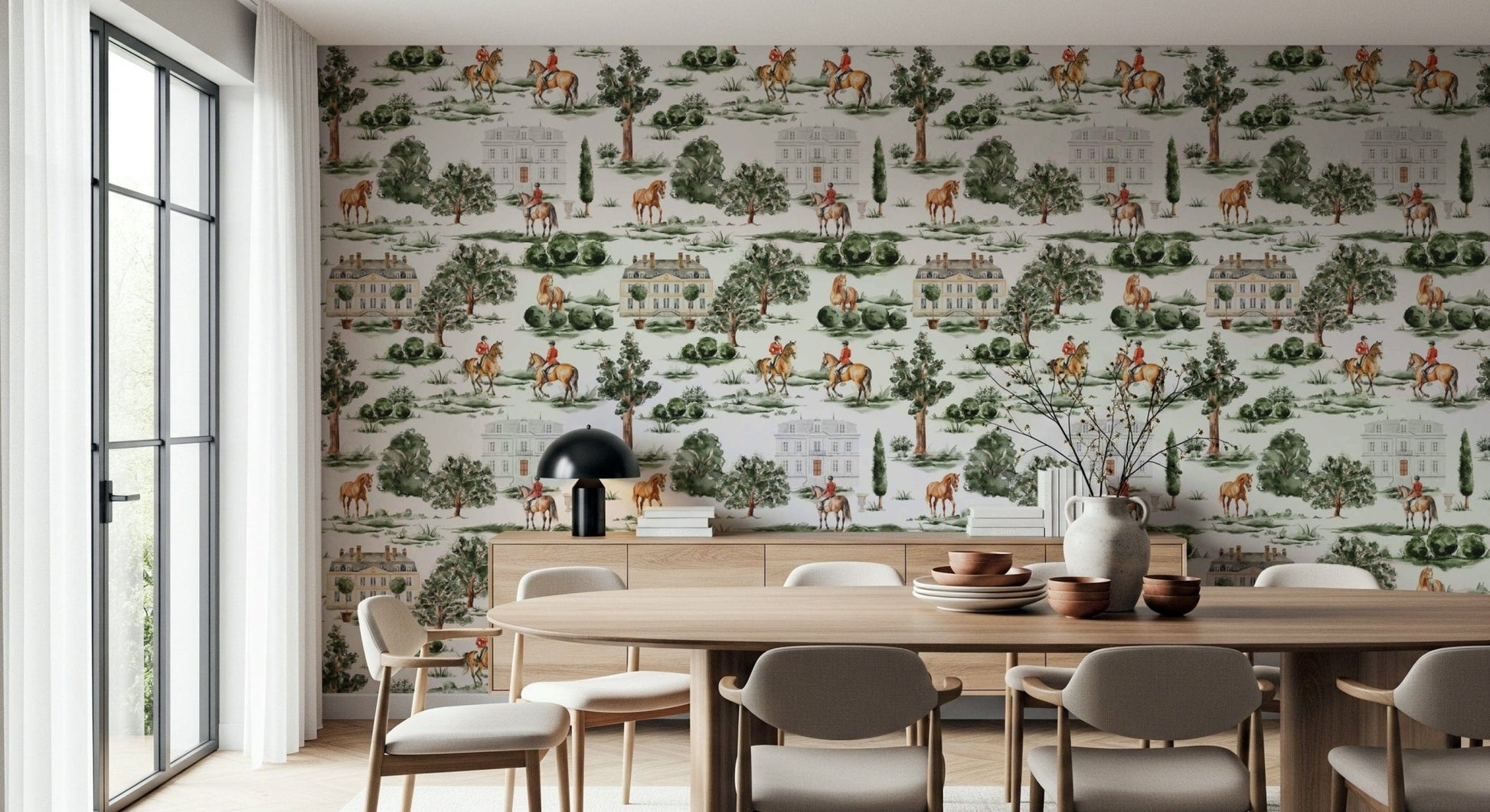 Equestrian Estate wallpaper for walls showcasing majestic chestnut horses.
