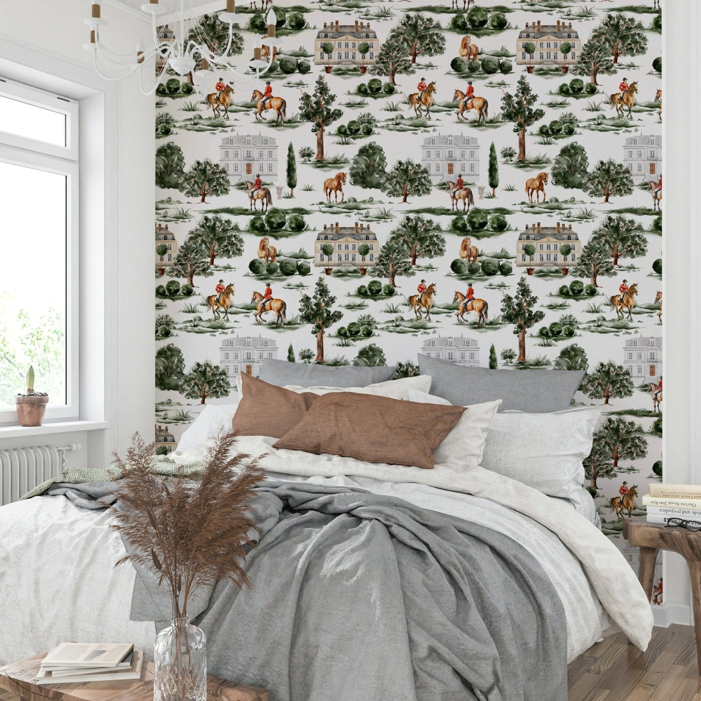 Equestrian riders with horses and British country manor Wallpaper⁠