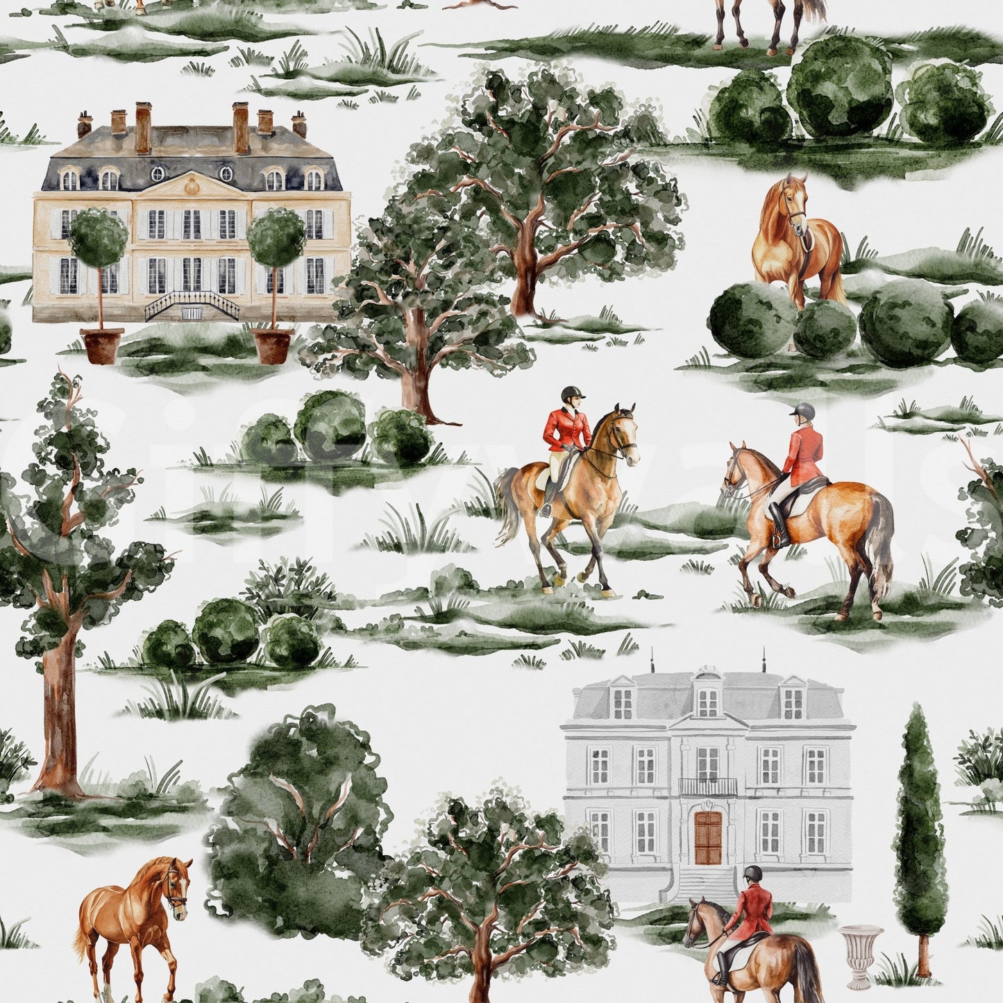 Equestrian riders with horses and British country manor Wallpaper⁠