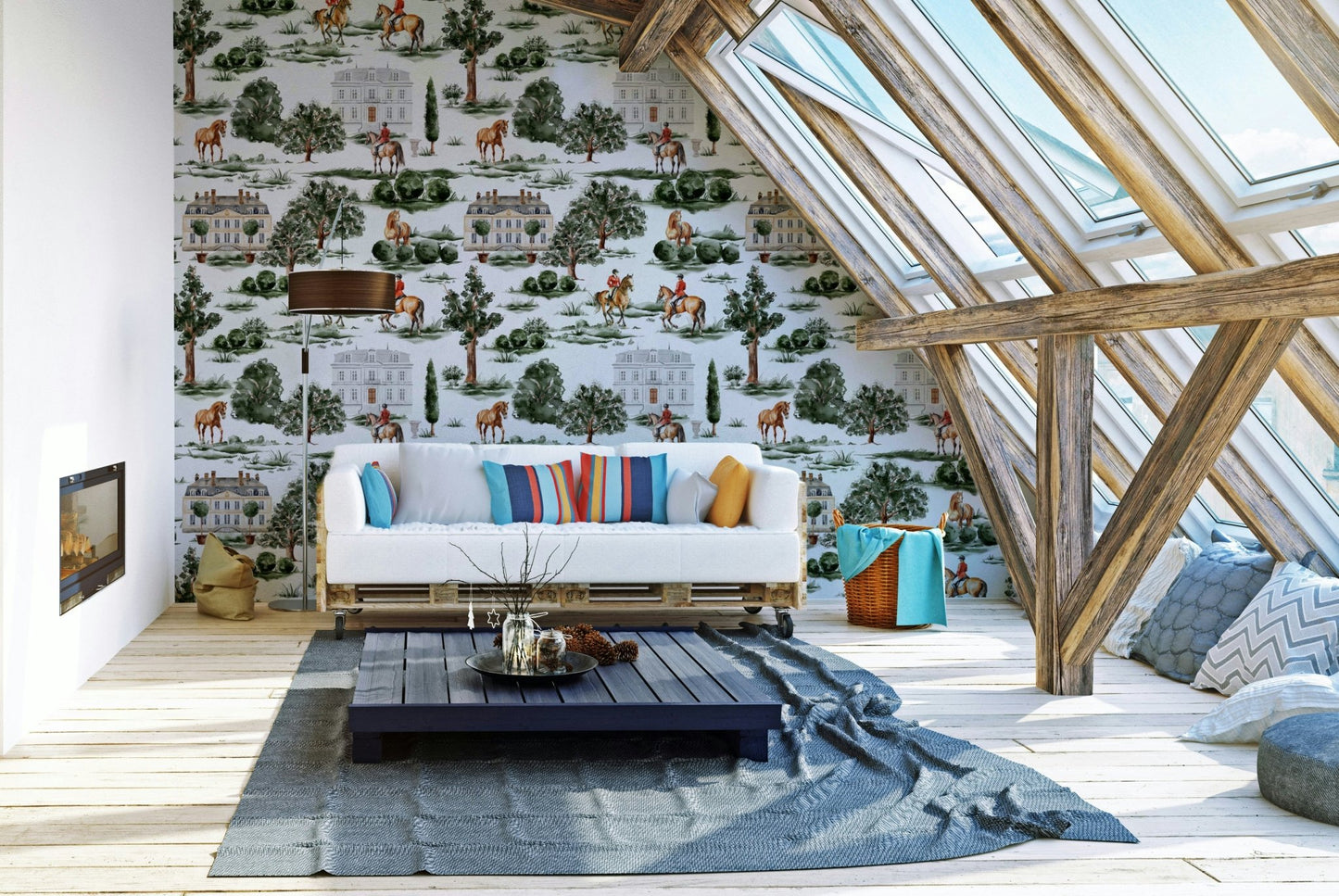 Equestrian riders with horses and British country manor Wallpaper⁠