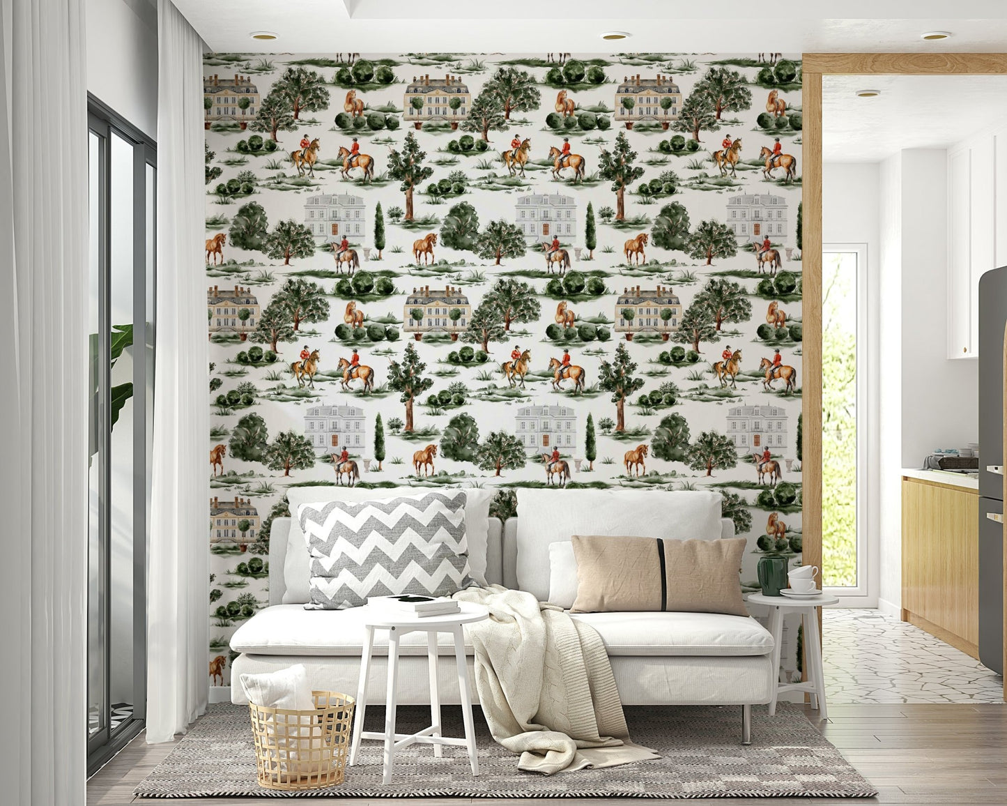 Equestrian riders with horses and British country manor Wallpaper⁠