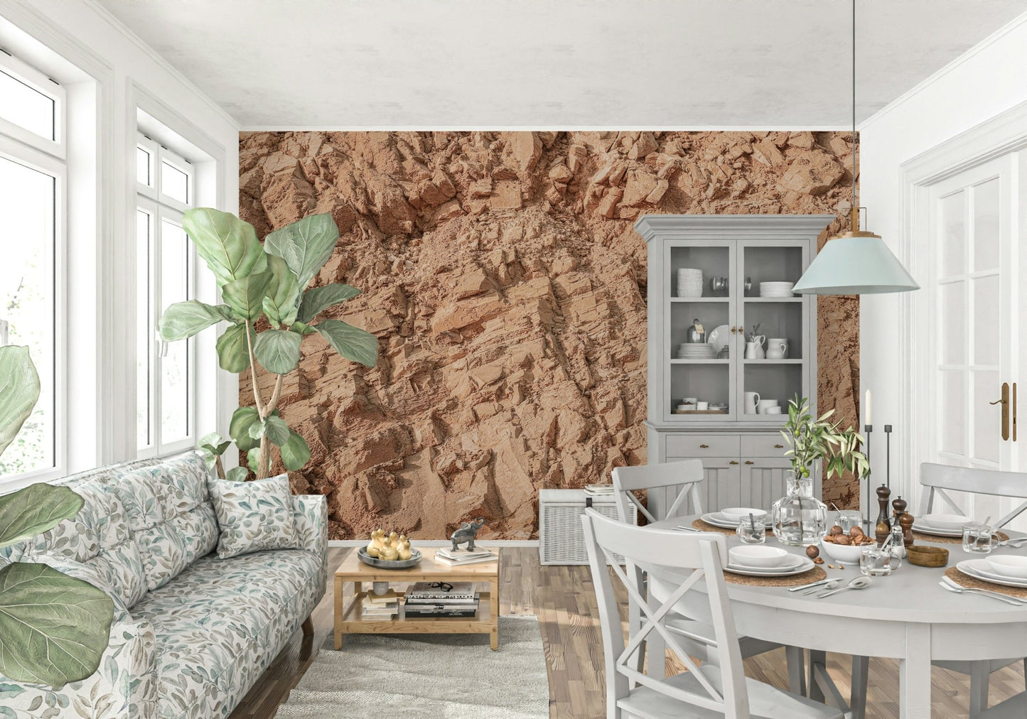 A peaceful geometric abstract mural on decorative wallpaper.

