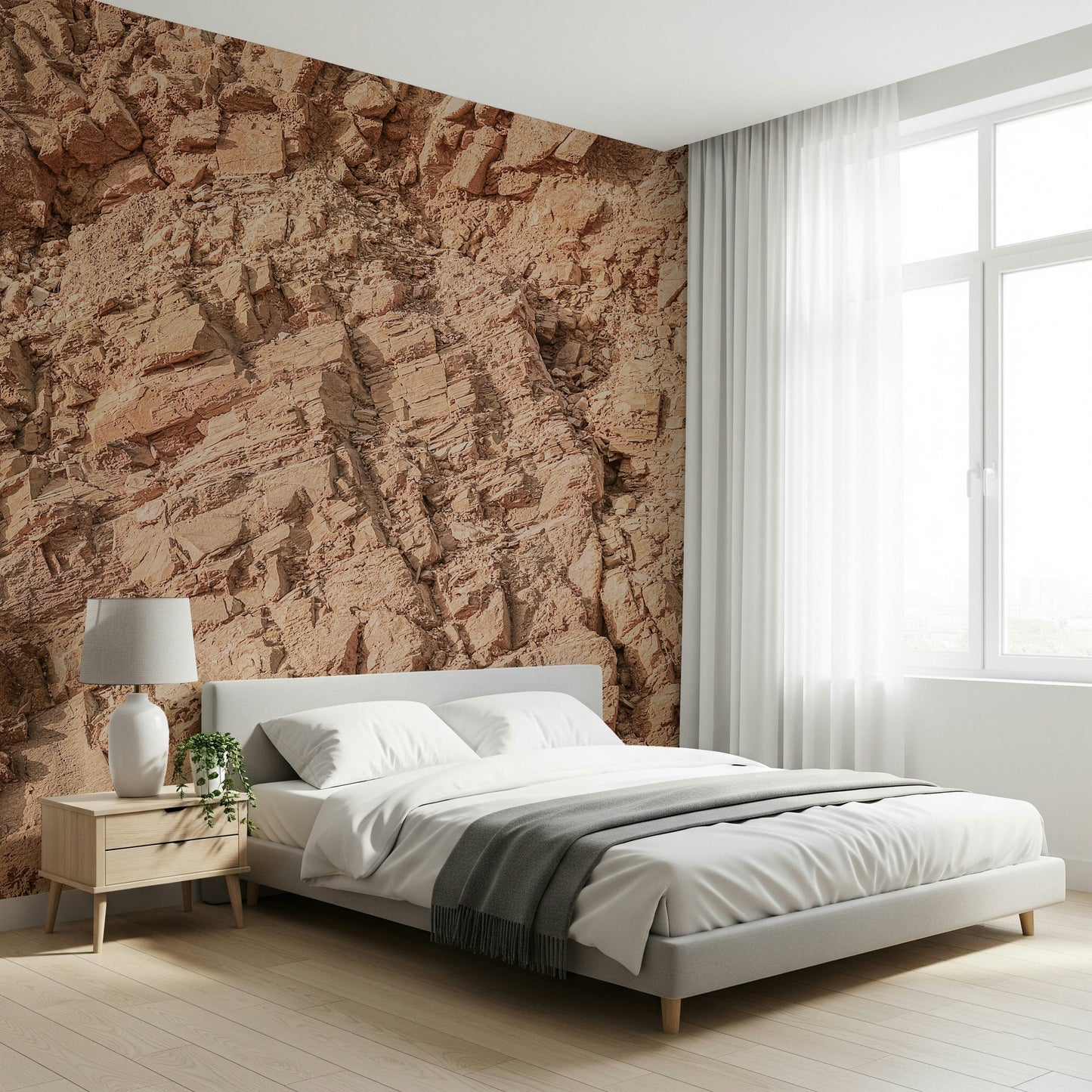 An artistic cracked earth mural on minimalist wallpaper.

