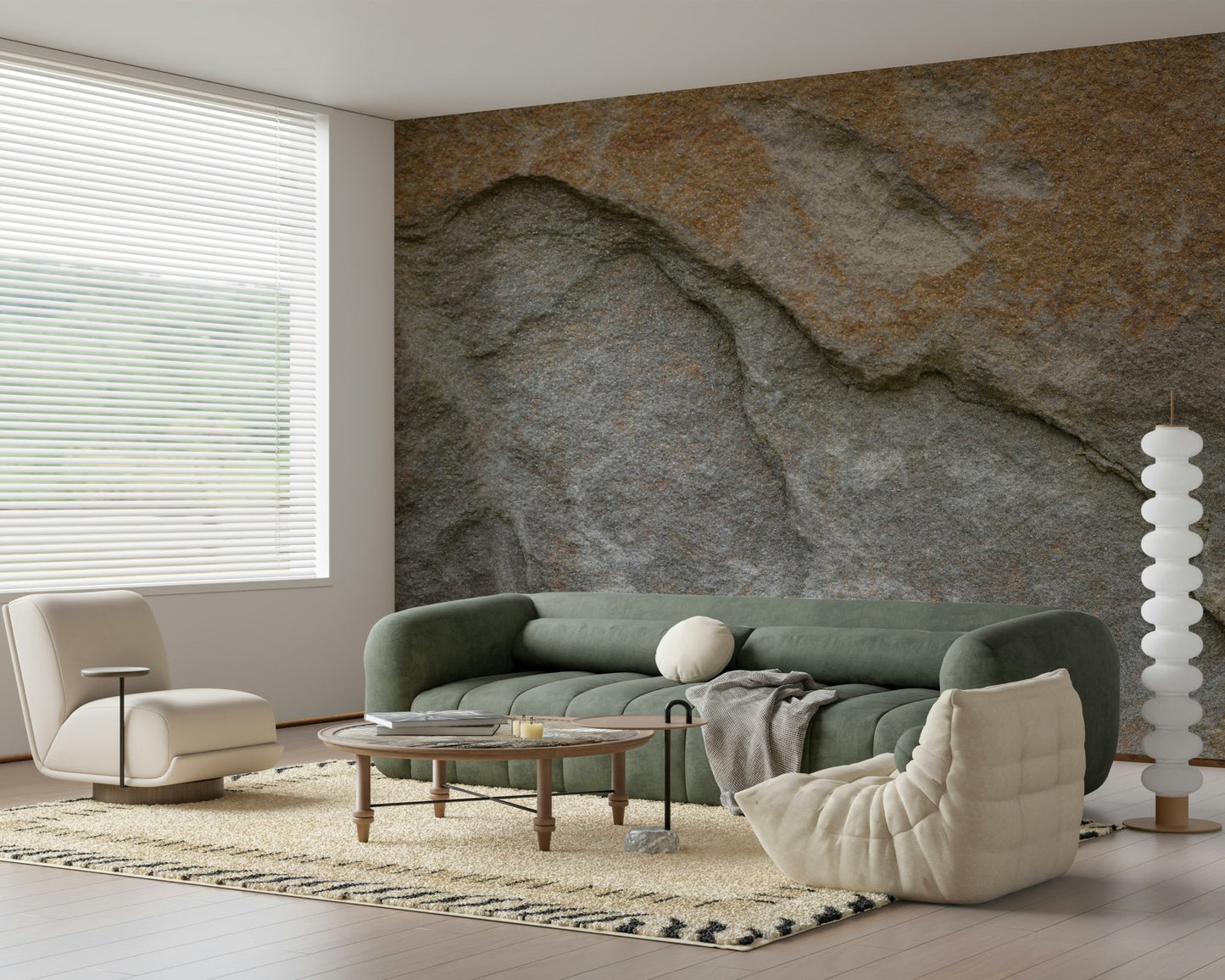 Natural dining room with eroded rock wall mural.