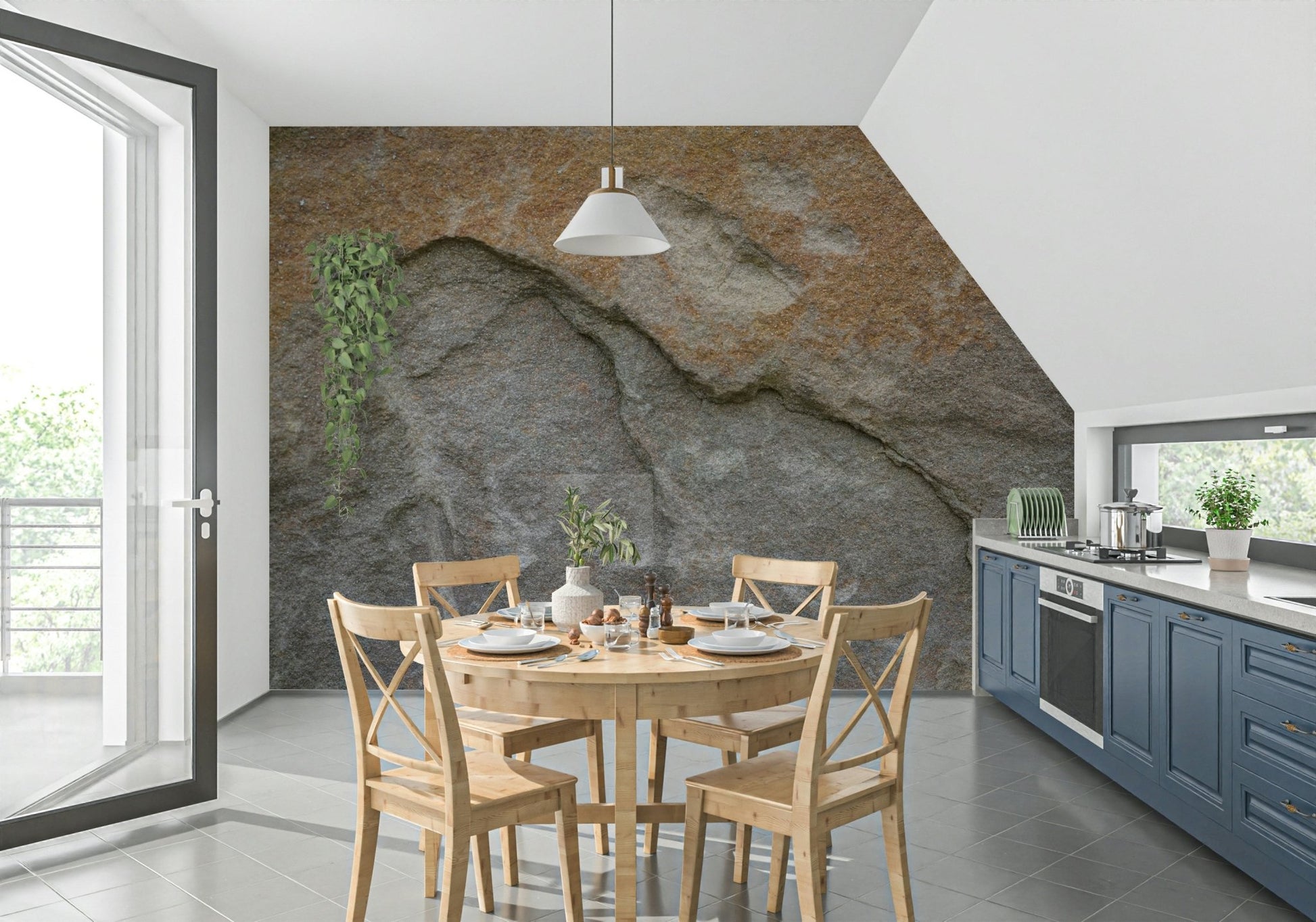 Earthy office space with eroded rock face wall.