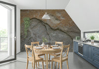 Earthy office space with eroded rock face wall.