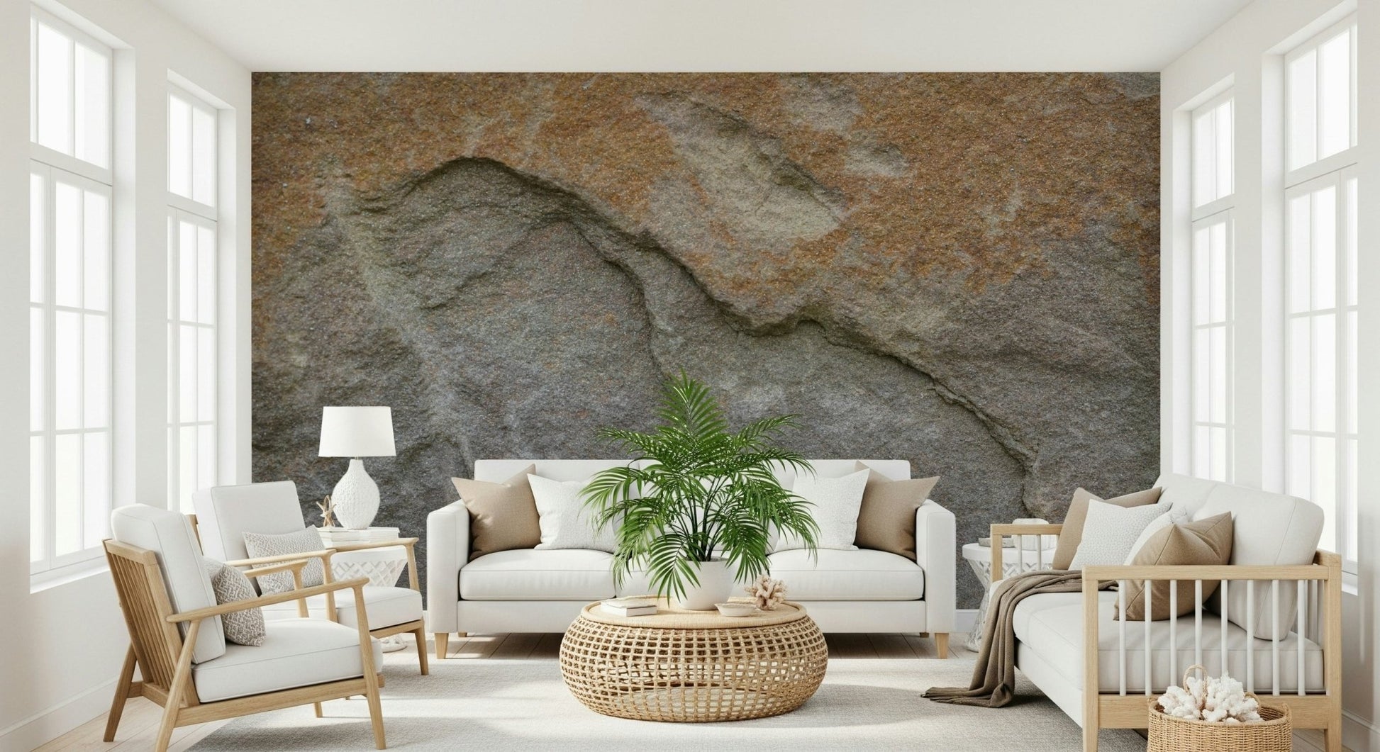 Eroded rock face wallpaper in a contemporary hallway.