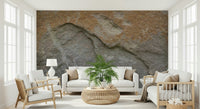Eroded rock face wallpaper in a contemporary hallway.