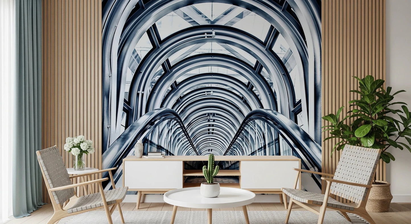 Industrial style escalator walkway mural print.