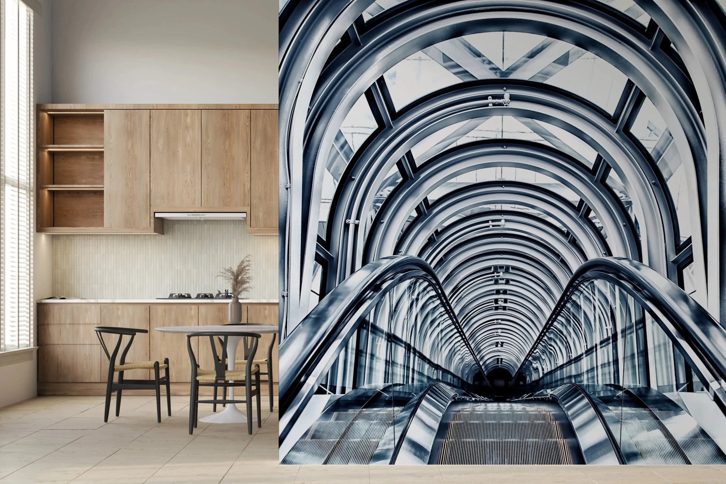 Geometric escalator stairs and arched ceiling art.