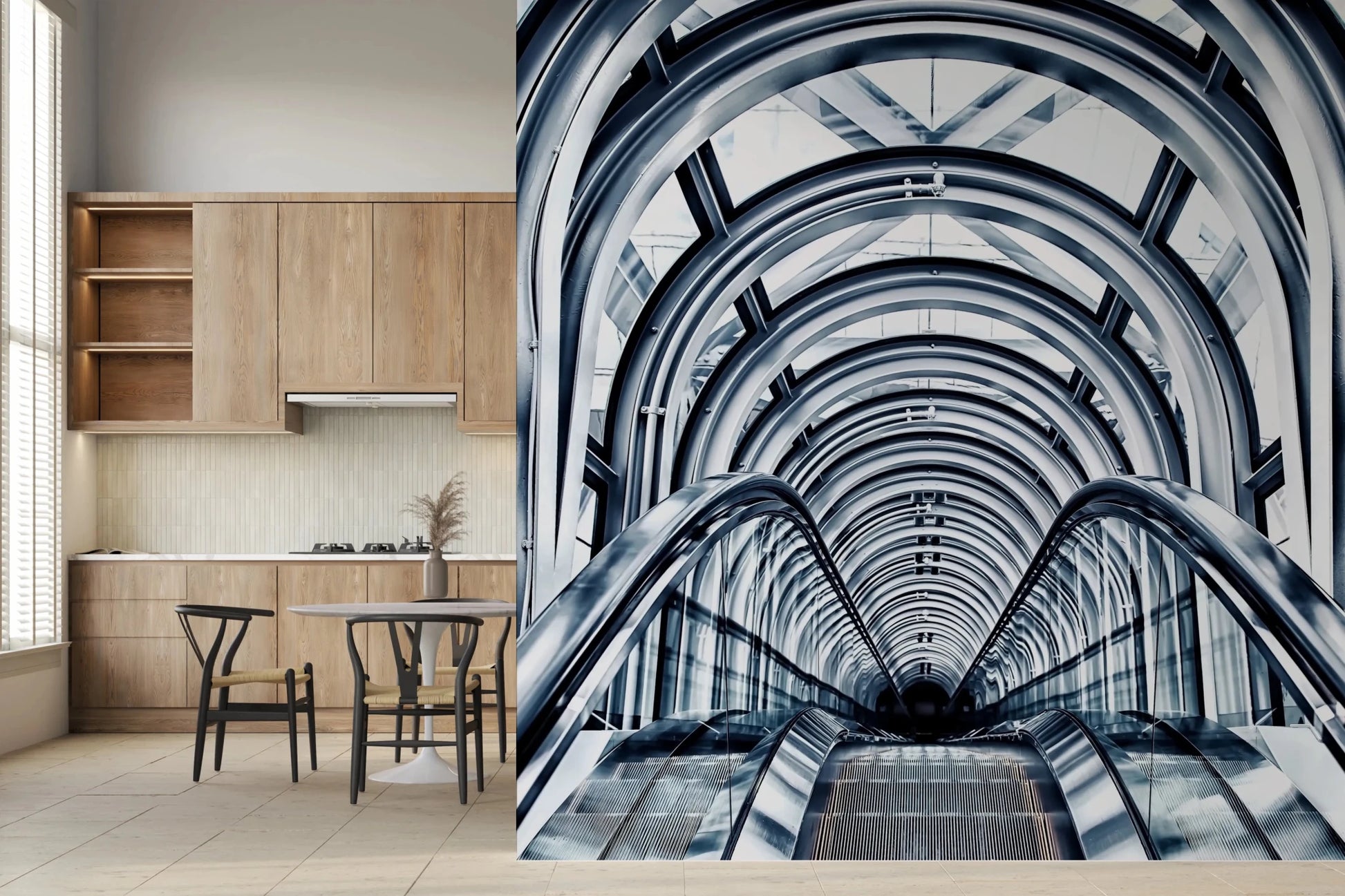 Geometric escalator stairs and arched ceiling art.