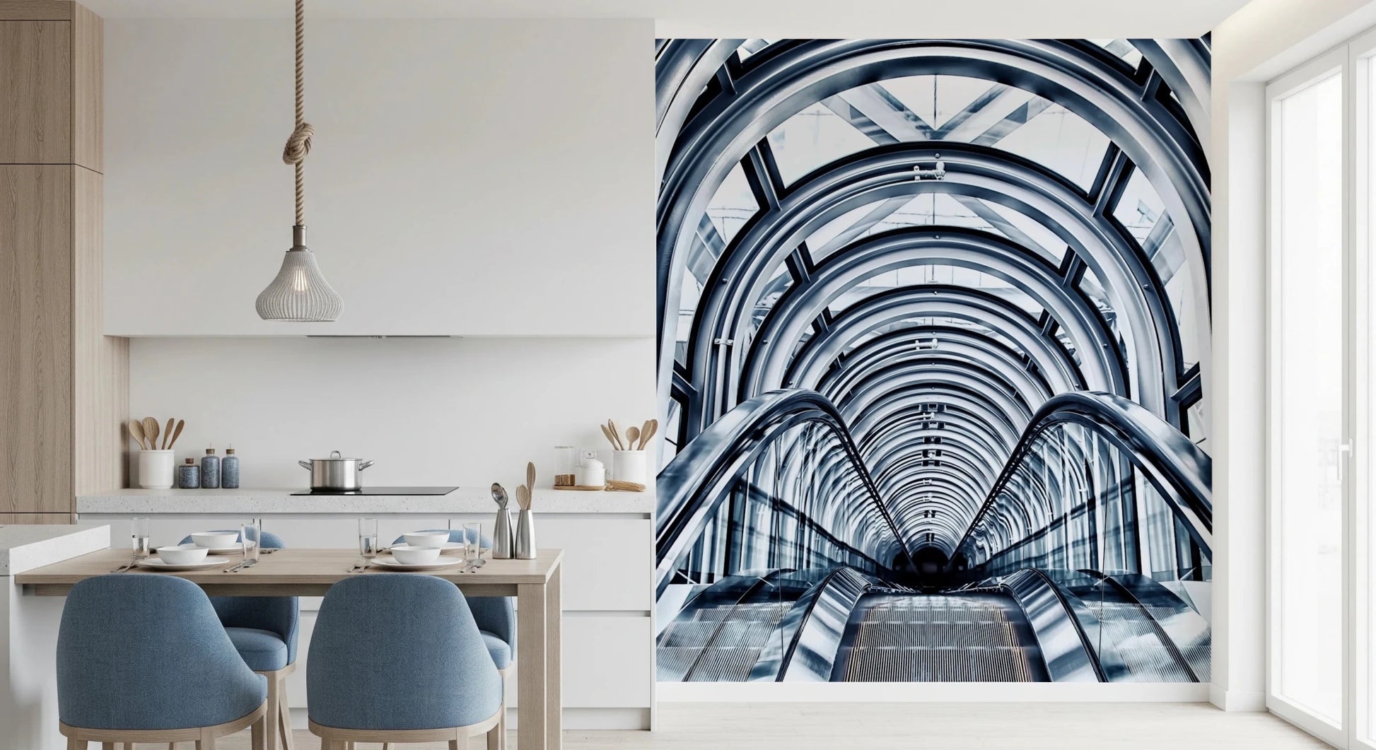 Symmetrical subway arches and escalator stairs.