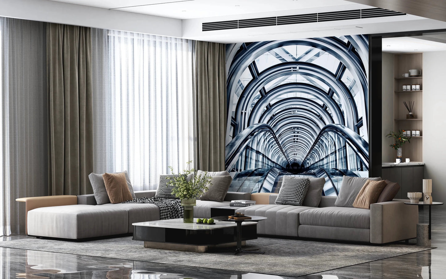 Black and white transit station architectural mural.
