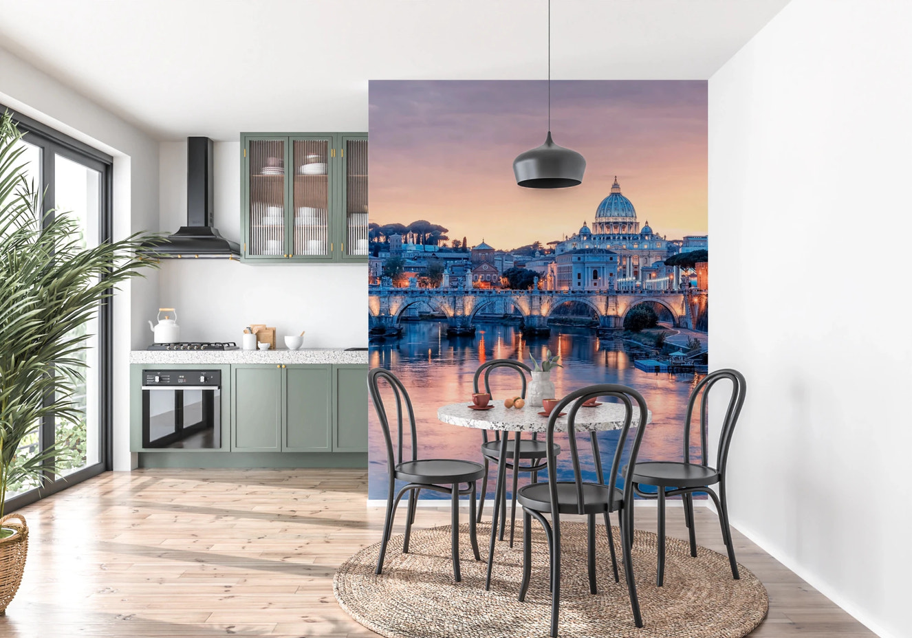 Eternal City Dusk Wall Mural featuring a glowing river at sunset