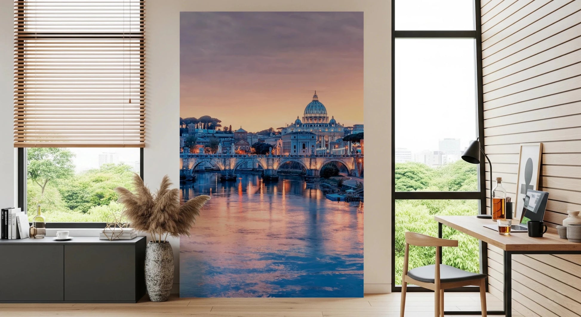 Eternal City Dusk Wall Mural with golden hour lighting on old buildings