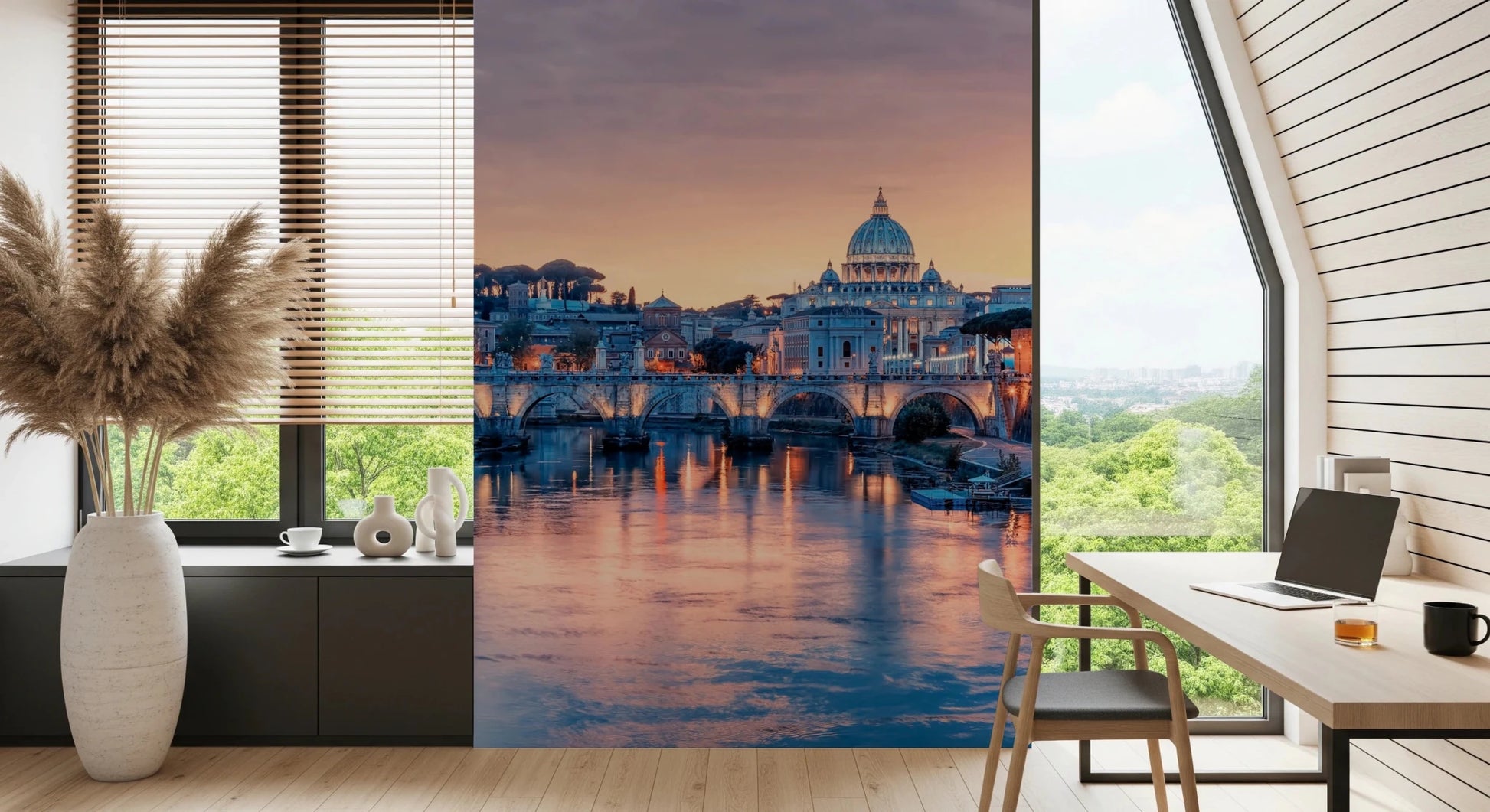 Eternal City Dusk Wall Mural showing grand domes and river lights