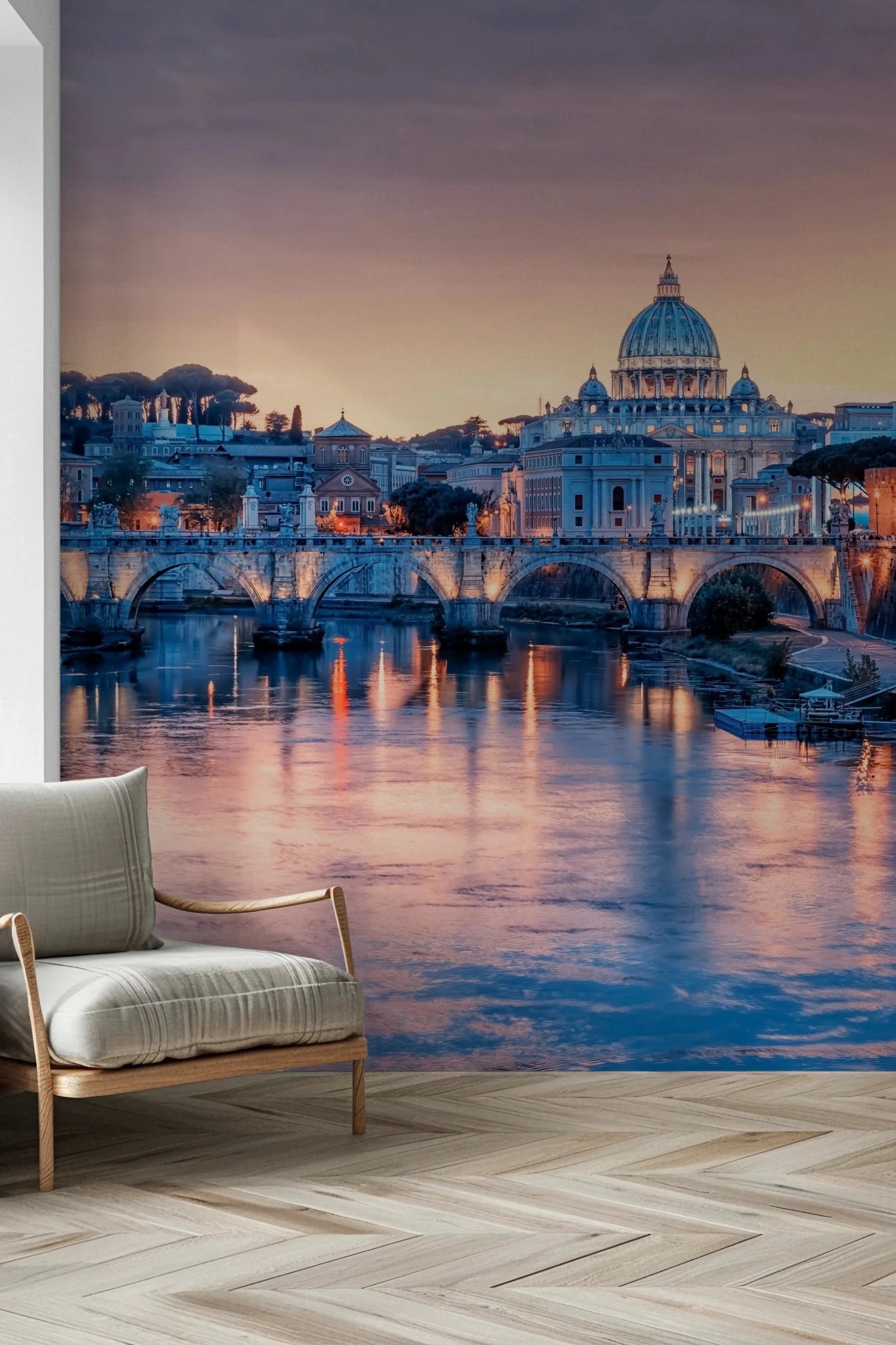 Illuminated stone bridge wall mural for a professional office space