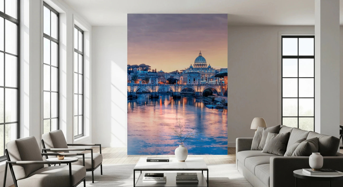 Historic bridge and cathedral wallpaper for an elegant living room