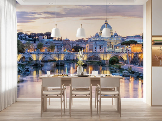 Dining room wall with Eternal City Lights wall mural and illuminated city landmark