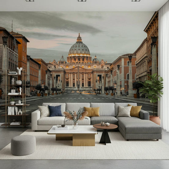 Eternal City Vista wall mural showing a lit basilica down a wide boulevard GD7397

