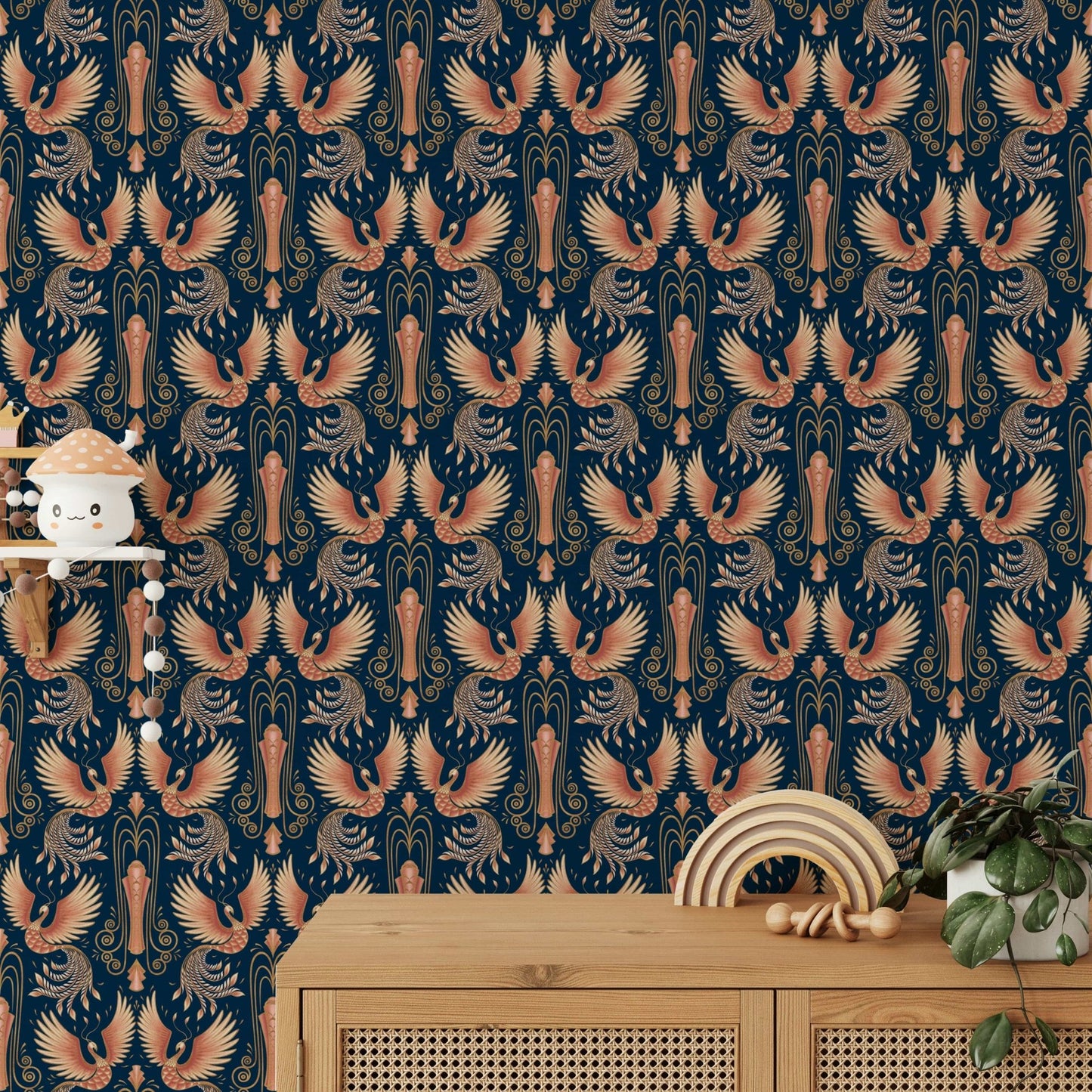 Mythical phoenix mural on black base

