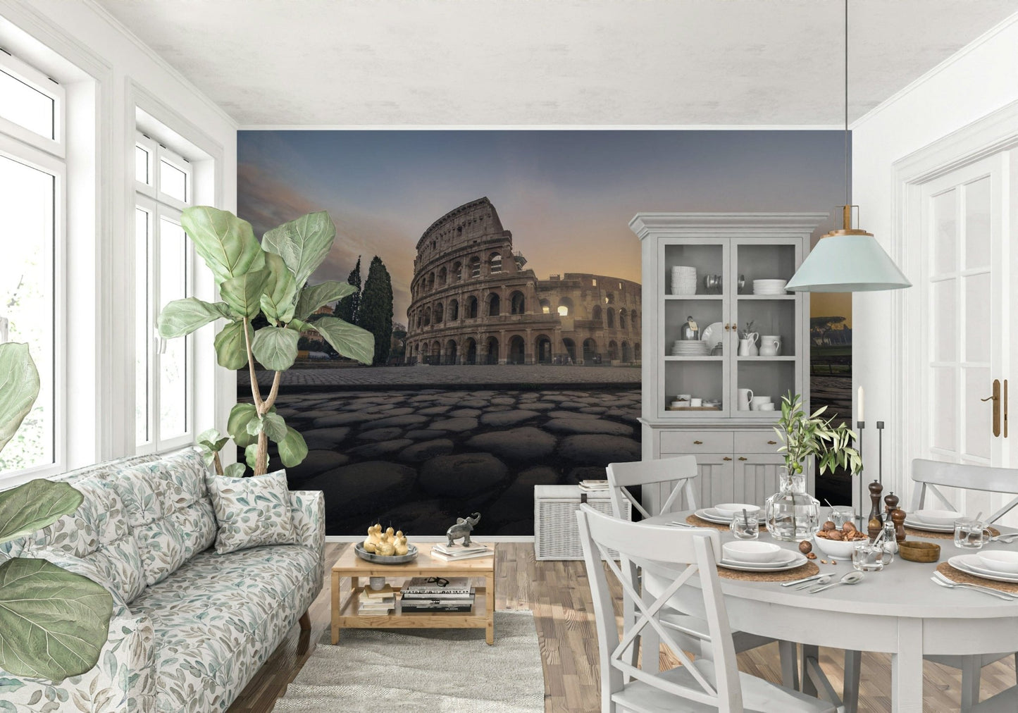 Detailed masonry and arched corridors wall mural for a hallway wallpaper.