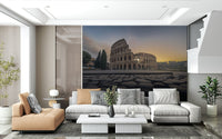 Eternal Rome's Colosseum Wall Mural with warm sunset lighting for a dining room wallpaper.