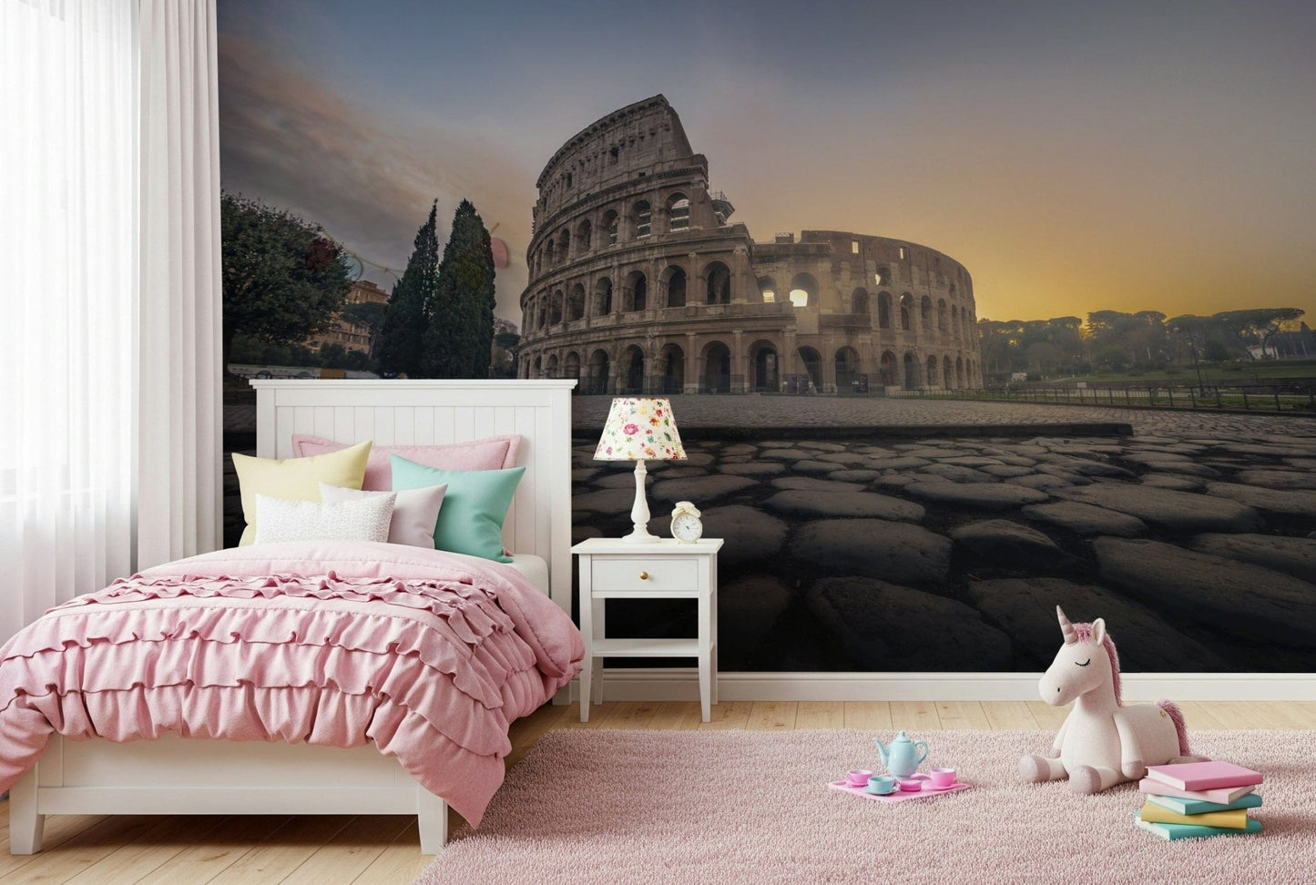 Eternal Rome's Colosseum Wall Mural in a minimalist study for an accent wall wallpaper.