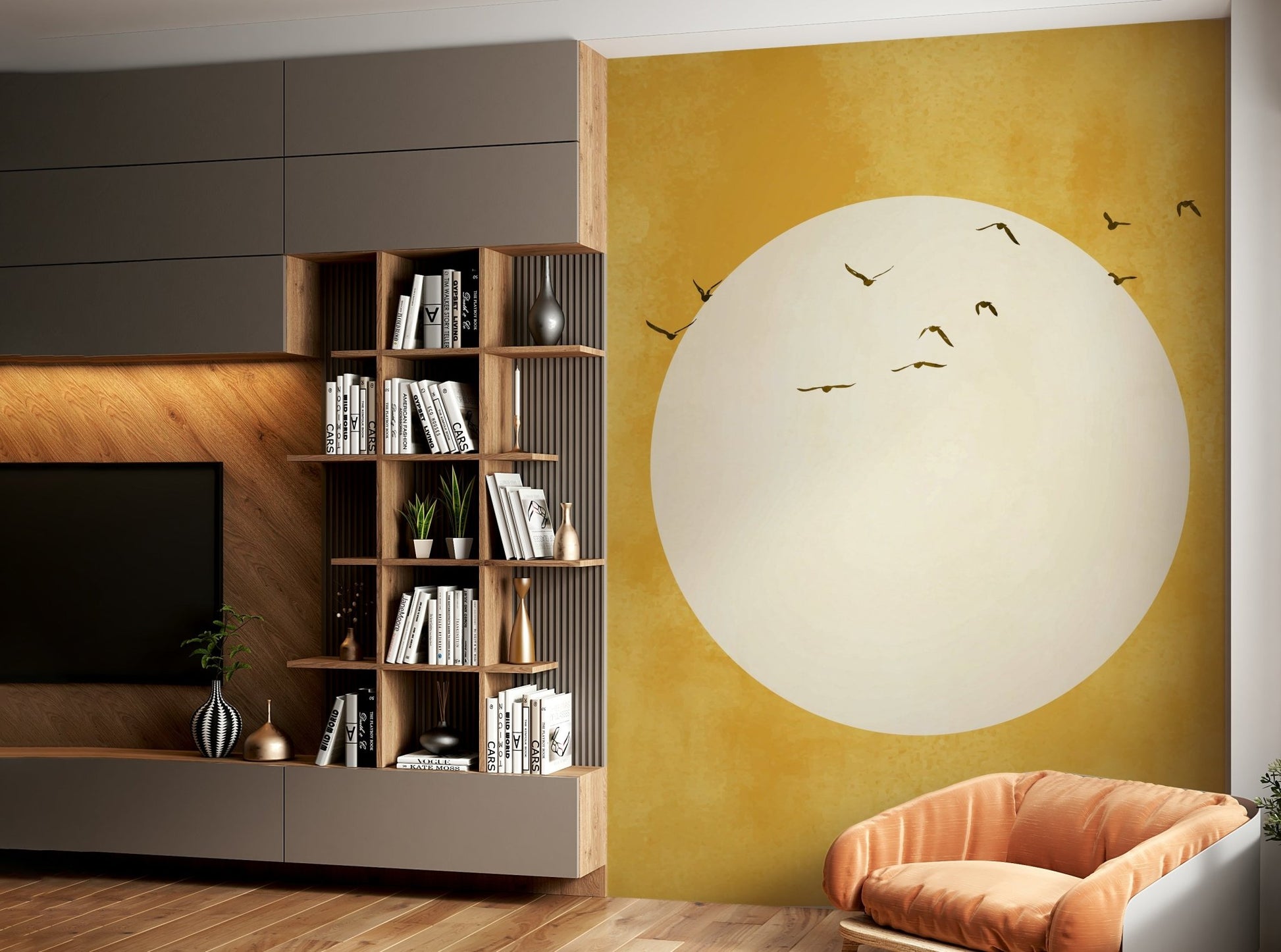 Features bright, radiant light and warm colors .
