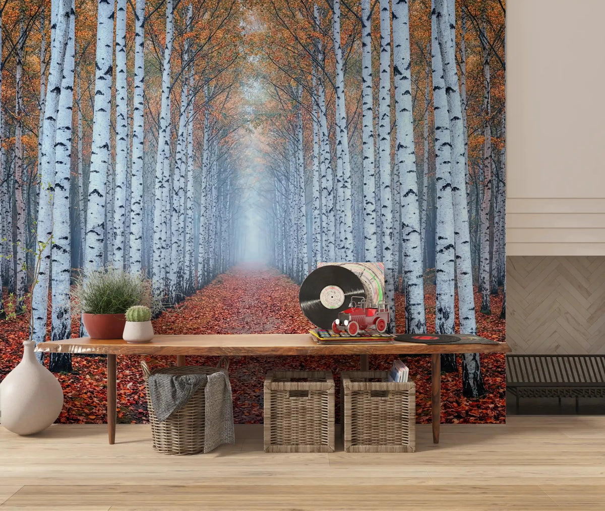 Home with Ethereal Autumn Birches wall mural and misty birch path, GD9024