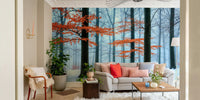 Ethereal Autumn Forest Wall Mural in a living room

