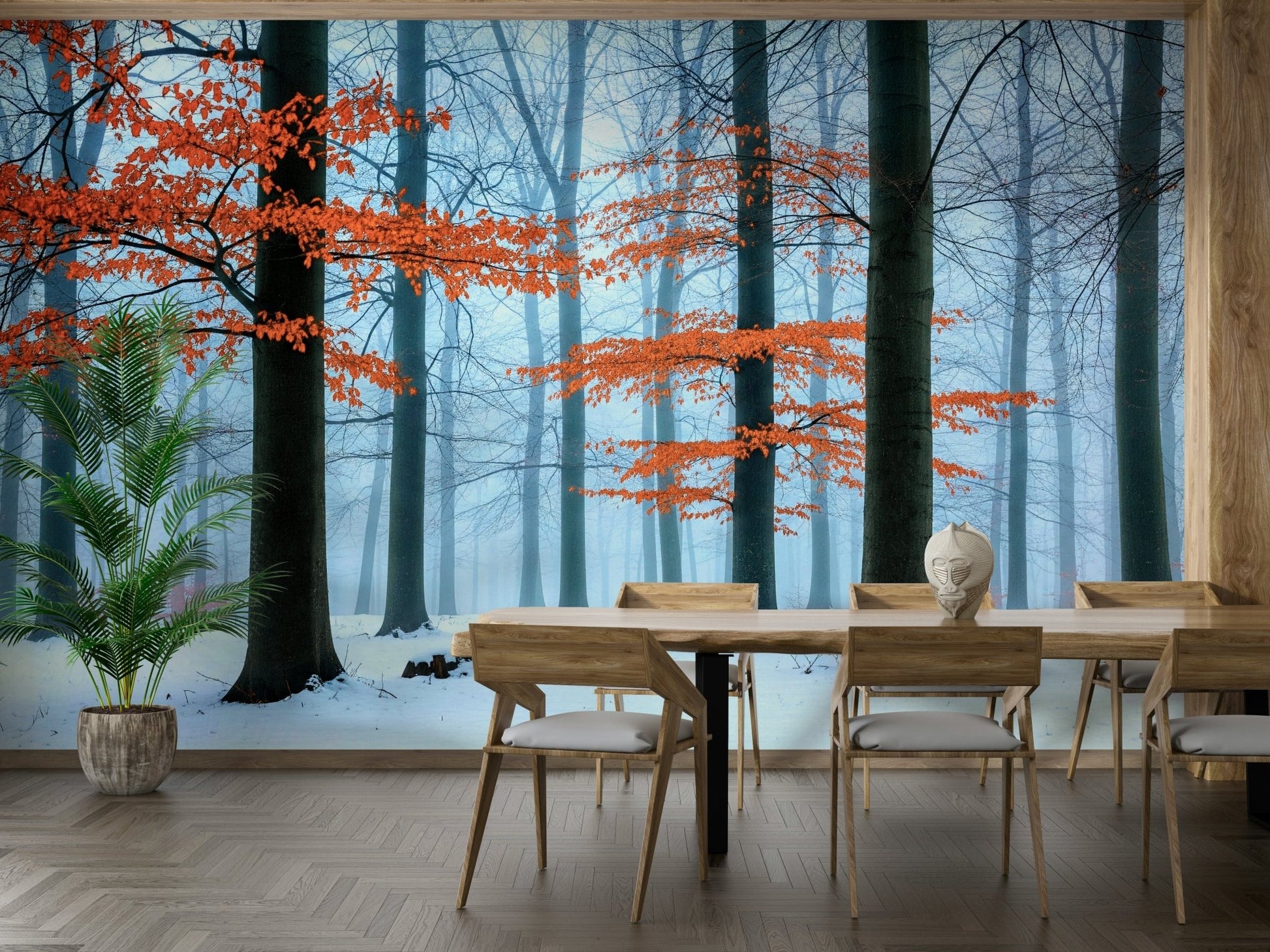 An angled shot of a wall with beautiful autumn wallpaper

