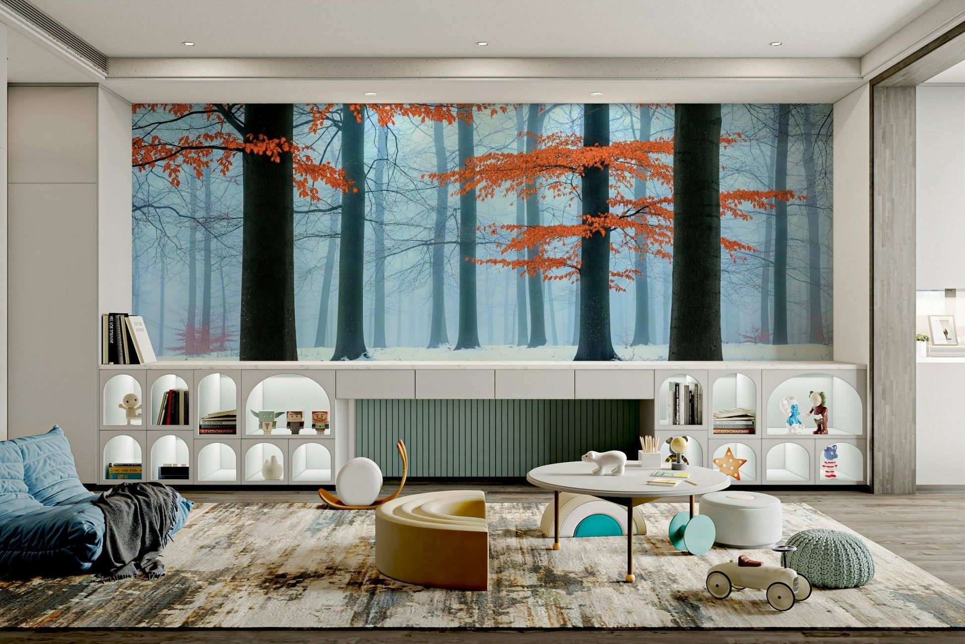 A dining area with a unique autumn design

