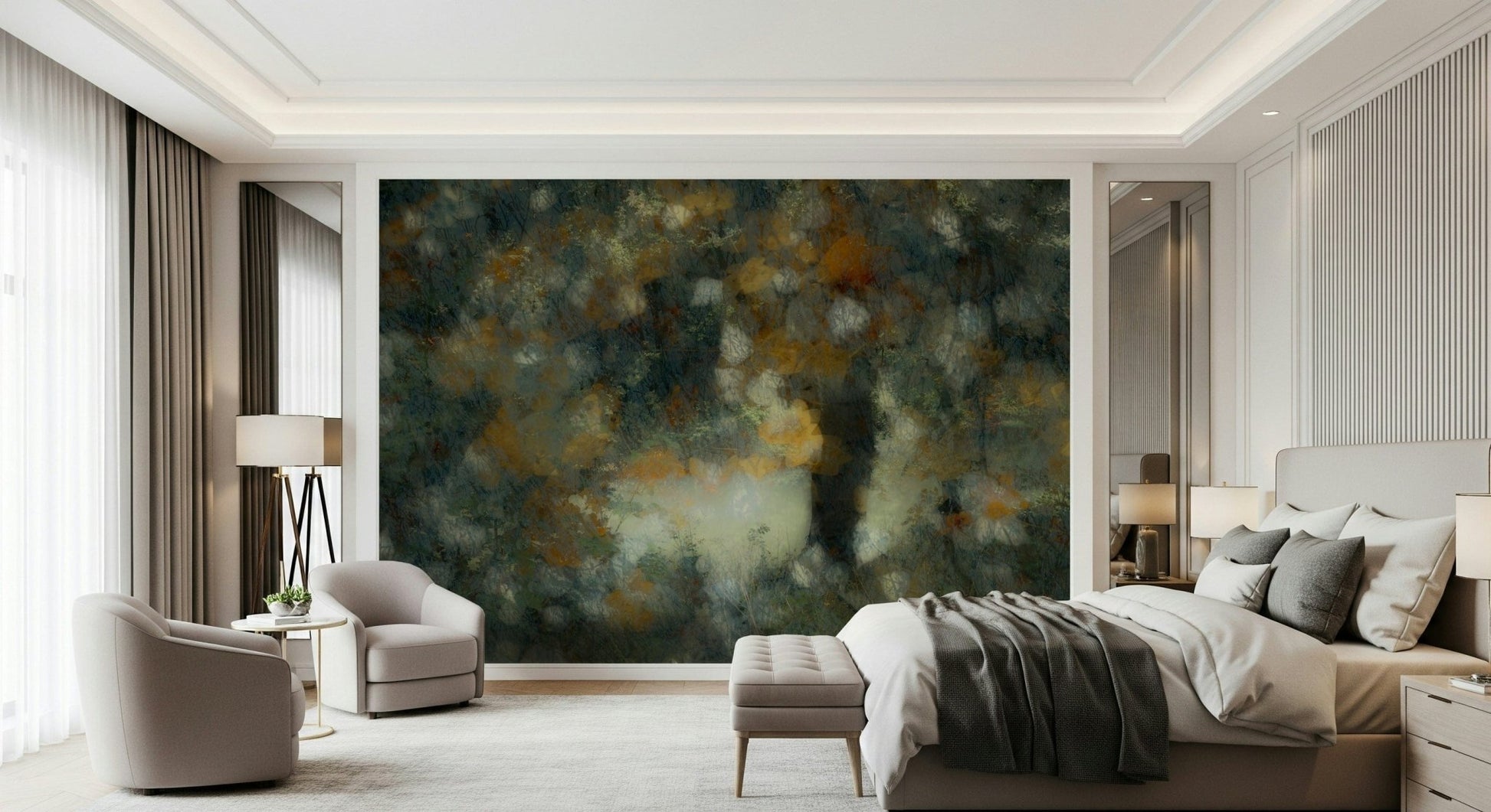 A beautiful wide-angle wall mural of a misty wood.