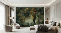 A beautiful wide-angle wall mural of a misty wood.