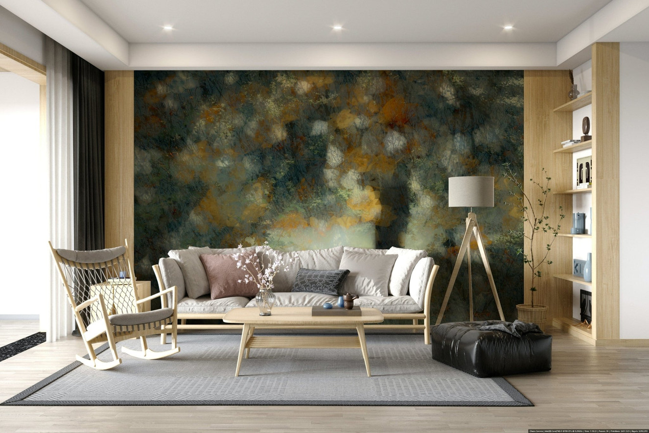 A beautiful ethereal forest wallpaper mural with soft, autumnal haze.