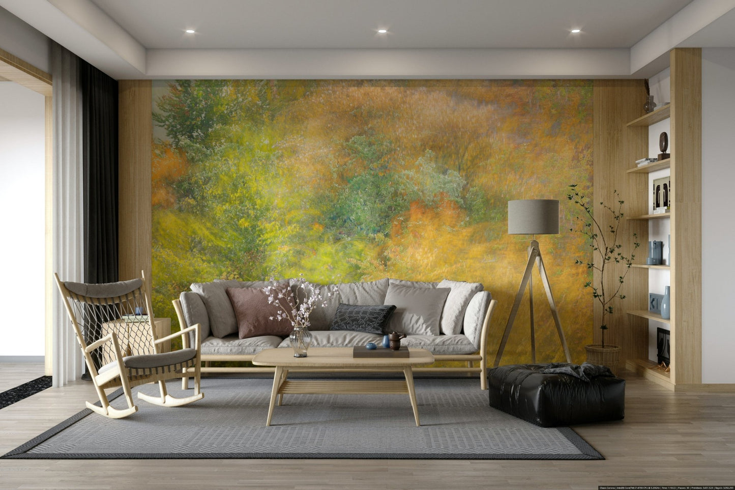The wallpaper is applied seamlessly, making the whole wall a piece of art.

