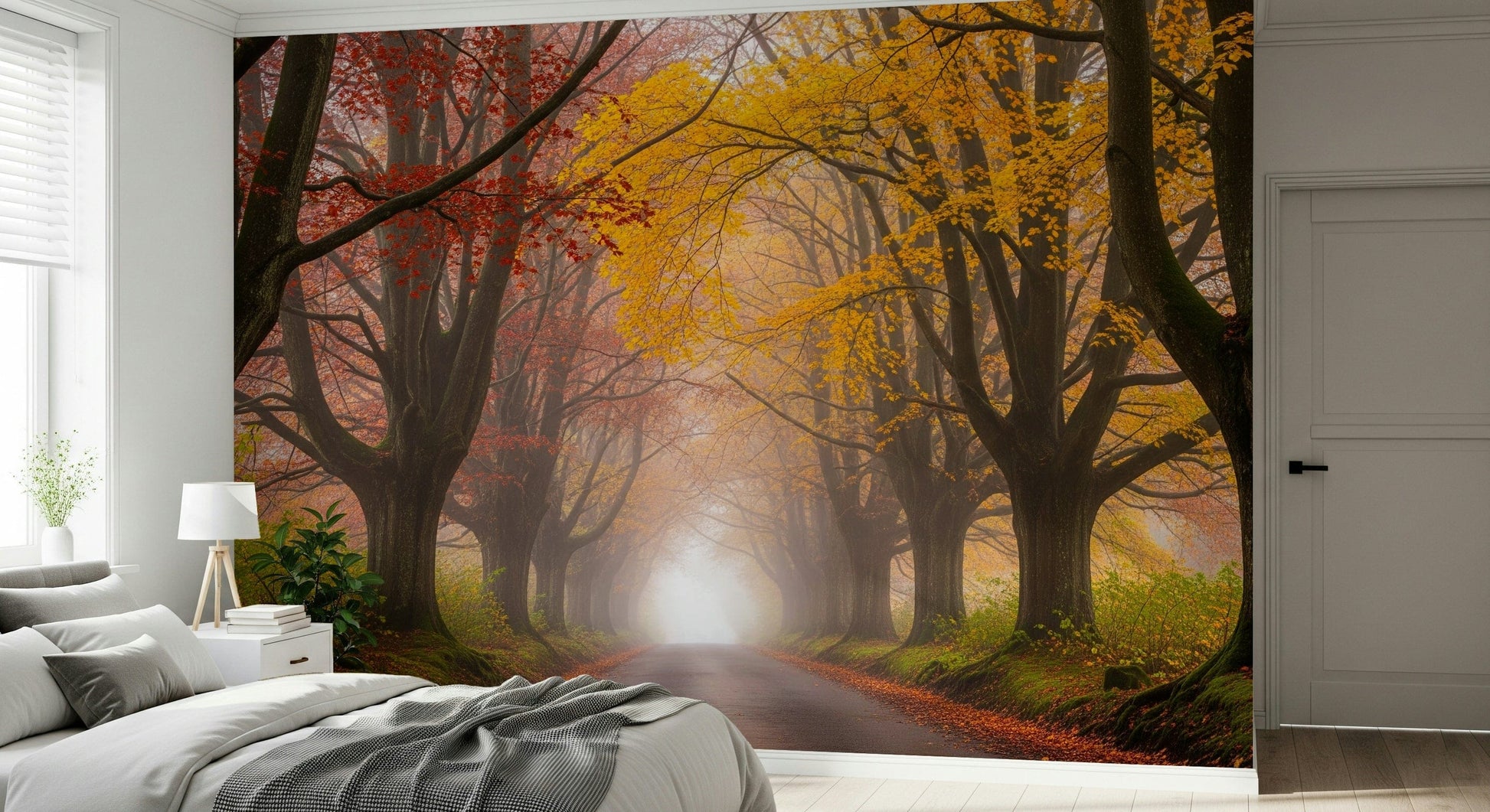 Serene woodland path wall mural in autumn colour palette