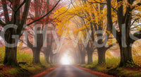 Ethereal fall road wall mural with misty golden trees and soft light.