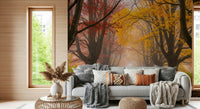 Scenic autumn wall mural with foggy pathway and trees