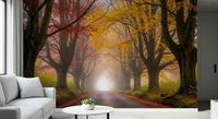 Soft-toned autumn scenery wall mural with layered trees