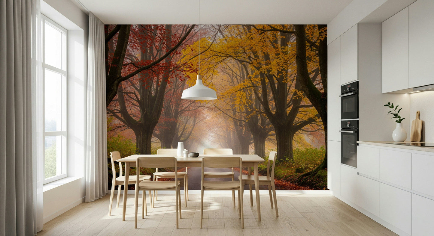 Tranquil road landscape wall mural with autumn foliage