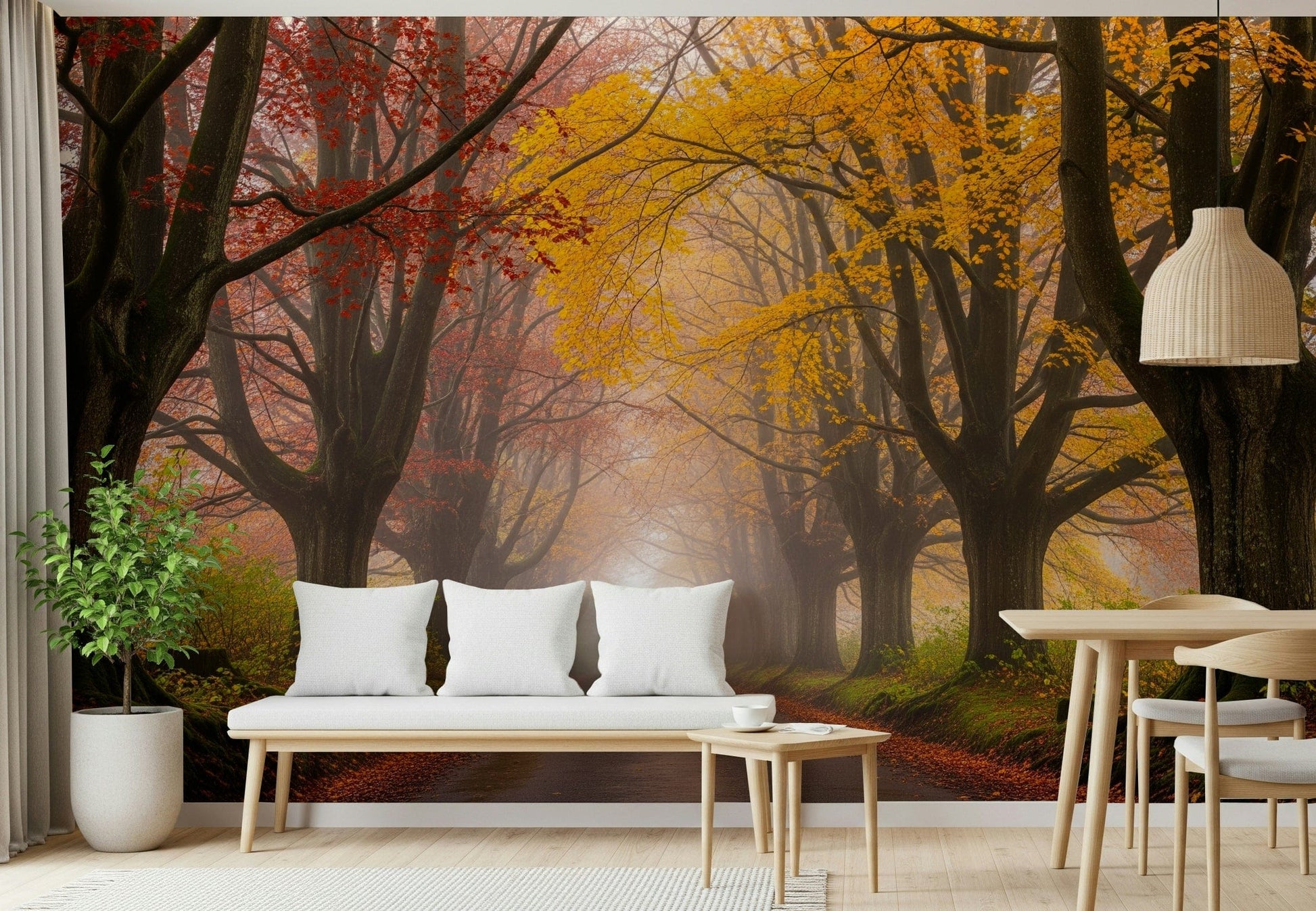 Decorative wallpaper showing misty road through fall forest
